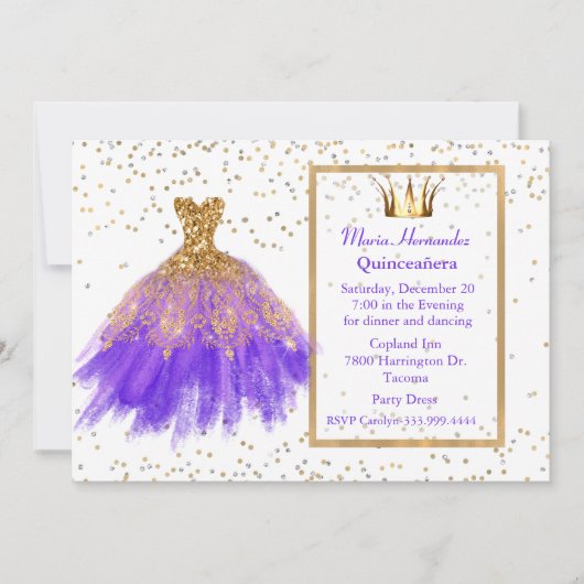 Glitzy Lila und Gold Gown Quinceñera Einladung (Vorderseite)