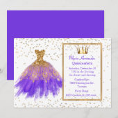 Glitzy Lila und Gold Gown Quinceñera Einladung (Vorne/Hinten)