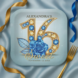 Glitzy Luxury Blue Rose Gold Gemstone Sweet 16 Pappteller