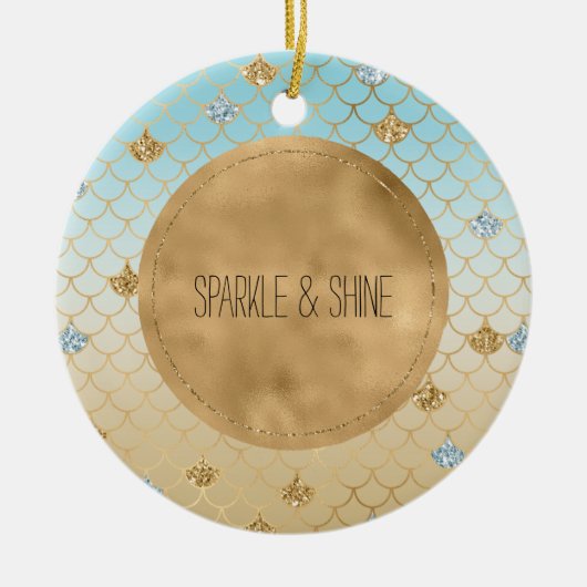 Glitzy Mermaid Blue Gold Sparkle Glitzer Ombre Keramik Ornament (Vorne)