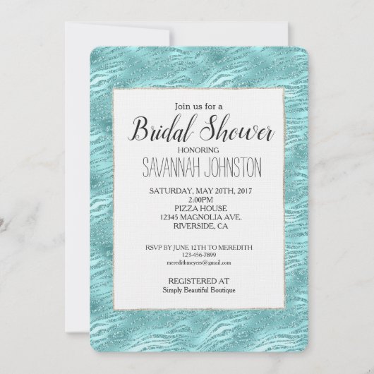 Glitzy Mint Zebra Print Brautparty Einladung (Vorderseite)
