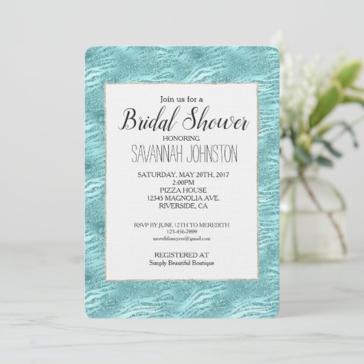 Glitzy Mint Zebra Print Brautparty Einladung (Stehend Vorderseite)