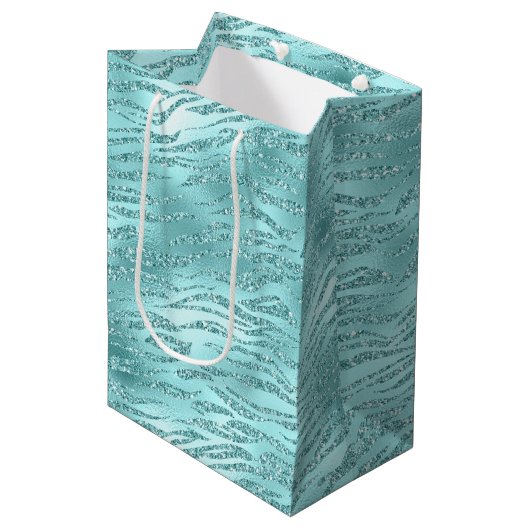 Glitzy Mint Zebra Print Mittlere Geschenktüte (Vorderseite Schrägansicht)