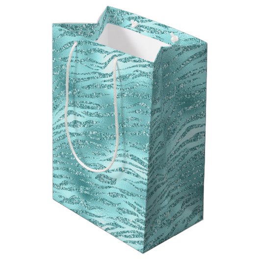 Glitzy Mint Zebra Print Mittlere Geschenktüte (Rückseite Schrägansicht)