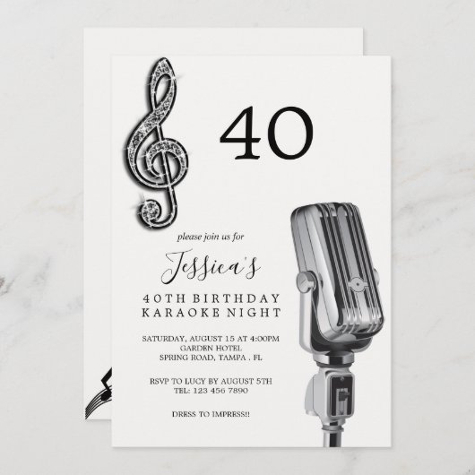 Glitzy Musiknote & Mikrofon Karaoke Geburtstag Einladung (Vorne/Hinten)