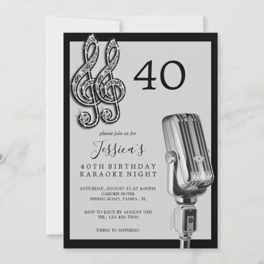 Glitzy Musiknote & Mikrofon Karaoke Geburtstag Einladung (Vorderseite)