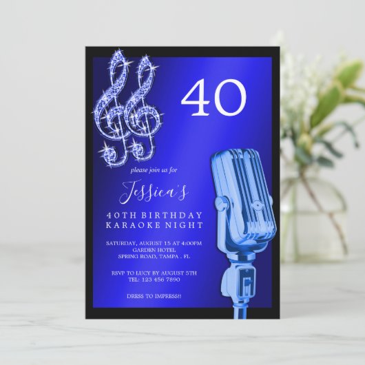 Glitzy Musiknote & Mikrofon Karaoke Geburtstag Einladung (Stehend Vorderseite)