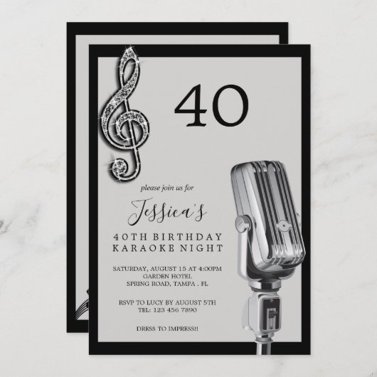 Glitzy Musiknote & Mikrofon Karaoke Geburtstag Einladung (Vorne/Hinten)