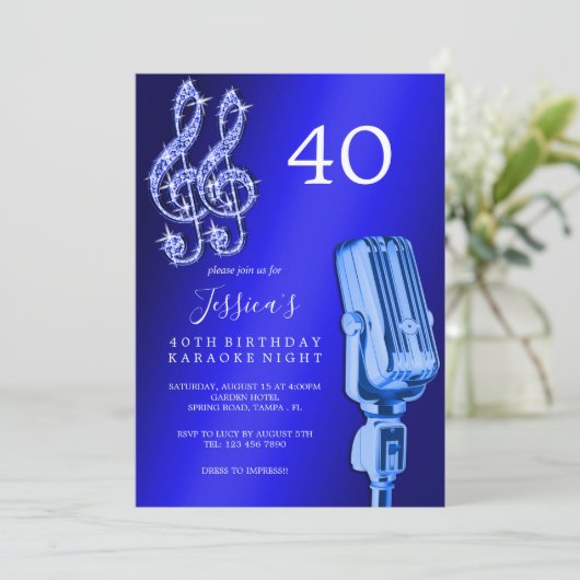 Glitzy Musiknote & Mikrofon Karaoke Geburtstag Einladung (Stehend Vorderseite)