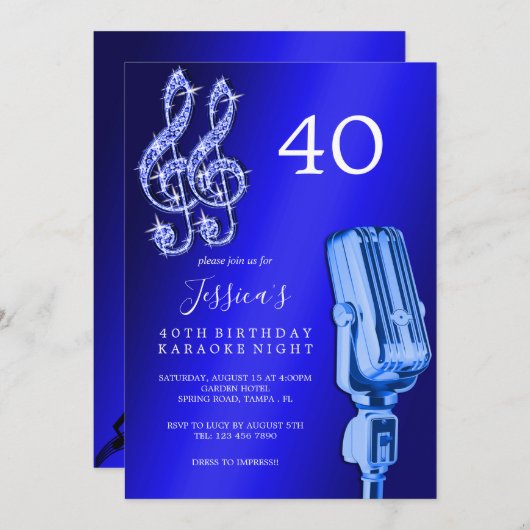 Glitzy Musiknote & Mikrofon Karaoke Geburtstag Einladung (Vorne/Hinten)