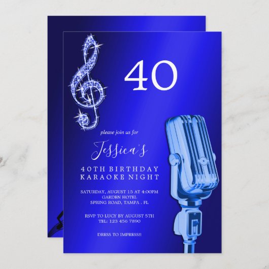 Glitzy Musiknote & Mikrofon Karaoke Geburtstag Einladung (Vorne/Hinten)