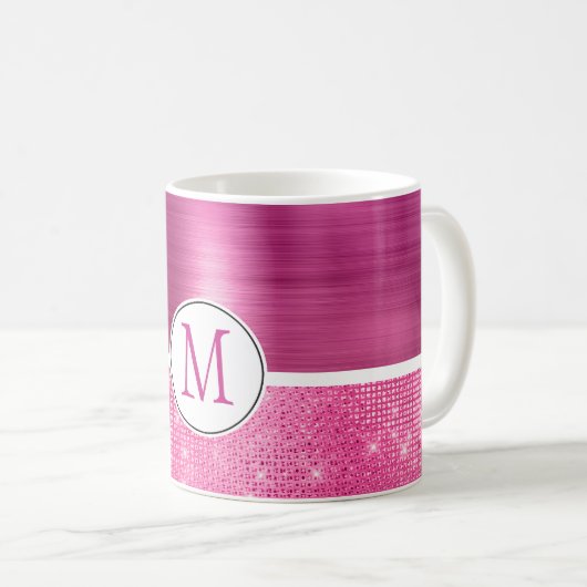 Glitzy Pink Glam Sparkle Monogram Kaffeetasse (VorderseiteRechts)