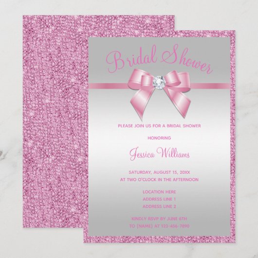 Glitzy Pink Glitzer & Gem Bow Brautparty Einladung (Vorne/Hinten)