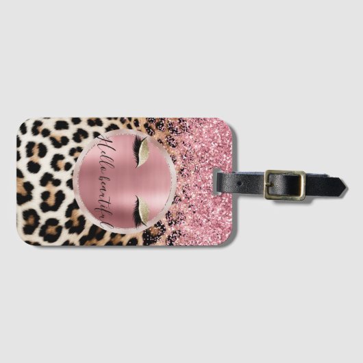 Glitzy Pink Glitzer Gold Eyelashes Leopard Gepäckanhänger (Vorderseite (Horizontal))