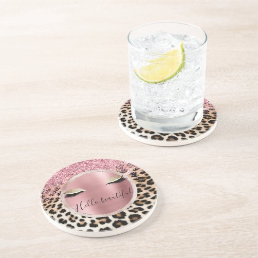 Glitzy Pink Glitzer Gold Eyelashes Leopard Getränkeuntersetzer (Seite)