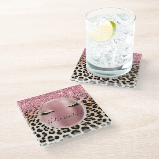 Glitzy Pink Glitzer Gold Eyelashes Leopard Glasuntersetzer (Schrägansicht)