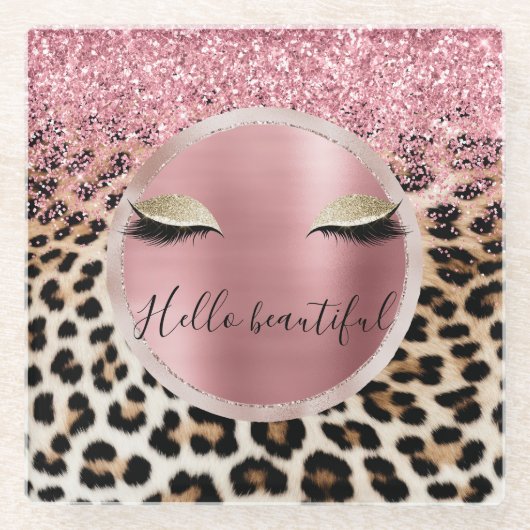 Glitzy Pink Glitzer Gold Eyelashes Leopard Glasuntersetzer (Vorderseite)