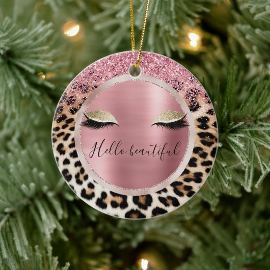 Glitzy Pink Glitzer Gold Eyelashes Leopard Keramik Ornament (Baum)