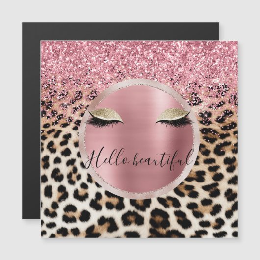 Glitzy Pink Glitzer Gold Eyelashes Leopard Magnetkarte (Vorne/Hinten)