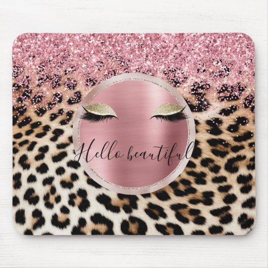 Glitzy Pink Glitzer Gold Eyelashes Leopard Mousepad (Vorne)