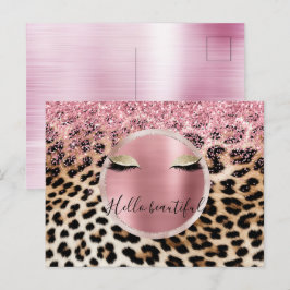 Glitzy Pink Glitzer Gold Eyelashes Leopard Postkarte
