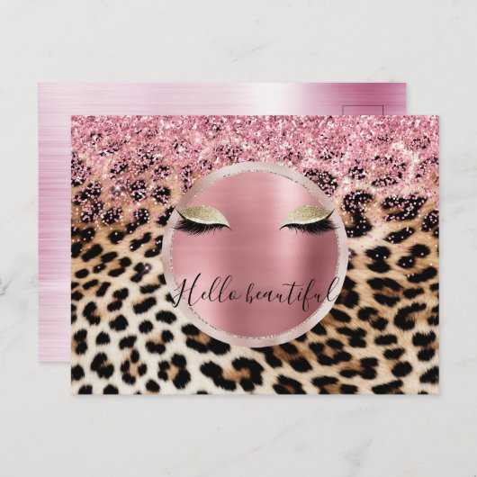 Glitzy Pink Glitzer Gold Eyelashes Leopard Postkarte (Vorne/Hinten)