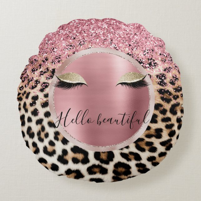 Glitzy Pink Glitzer Gold Eyelashes Leopard Rundes Kissen (Vorderseite)
