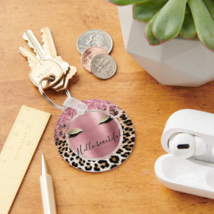 Glitzy Pink Glitzer Gold Eyelashes Leopard Schlüsselanhänger