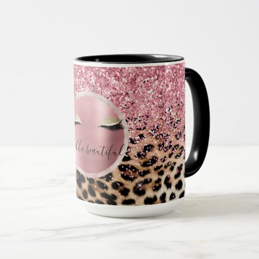 Glitzy Pink Glitzer Gold Eyelashes Leopard Tasse (VorderseiteRechts)