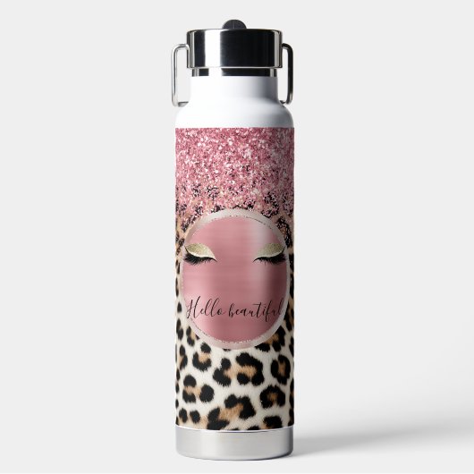 Glitzy Pink Glitzer Gold Eyelashes Leopard Trinkflasche (Vorderseite)