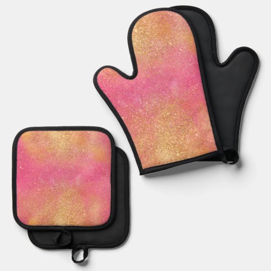 Glitzy Pink Gold Sparkle und Shine Ofenhandschuh & Topflappen-Set (Vorderseite/Rückseite)