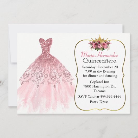 Glitzy Pink Gown Quinceañera Einladung (Vorderseite)