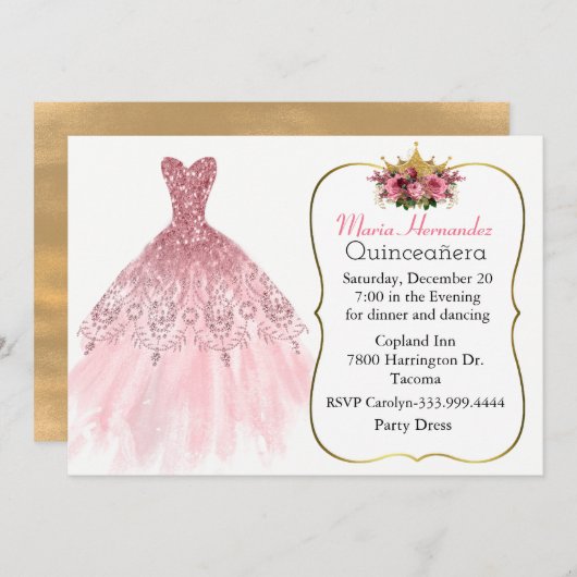Glitzy Pink Gown Quinceañera Einladung (Vorne/Hinten)