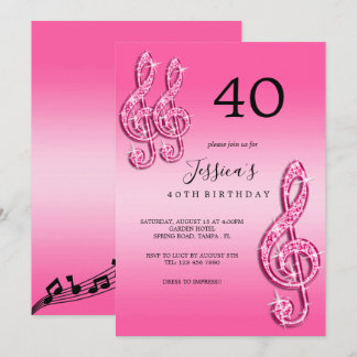 Glitzy Pink Musiknotens Geburtstag Einladung