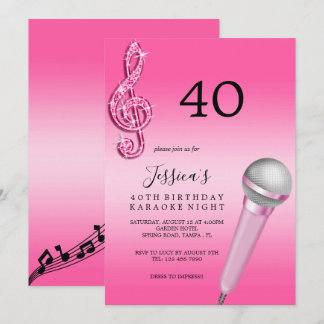 Glitzy Pink Musiknotens & Micro Karaoke Geburtstag Einladung
