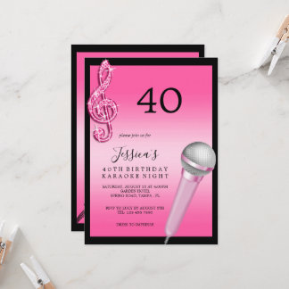 Glitzy Pink Musiknotens & Micro Karaoke Geburtstag Einladung