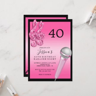 Glitzy Pink Musiknotens & Micro Karaoke Geburtstag Einladung