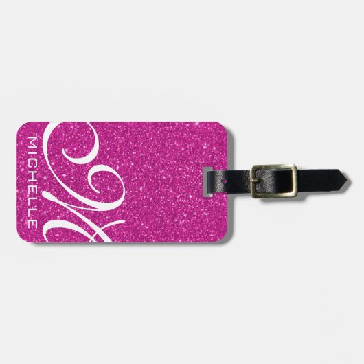 Glitzy Pink Script Mit Monogramm Gepäckanhänger (Vorderseite horizontal)