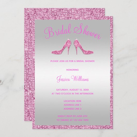 Glitzy Pink Sequins & Stilettos Brautparty Einladung (Vorne/Hinten)