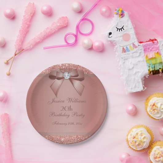 Glitzy Rose Gold Bow & Gem Birthday Party Pappteller (Party)