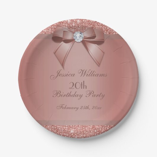 Glitzy Rose Gold Bow & Gem Birthday Party Pappteller (Vorderseite)