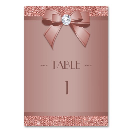 Glitzy Rose Gold Bow & Gem Birthday Party Tischnummer (Vorderseite)