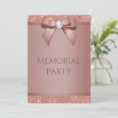 Glitzy Rose Gold Bow & Gem Memorial Party Einladung (Stehend Vorderseite)