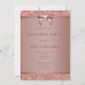 Glitzy Rose Gold Bow & Gem Memorial Party Einladung (Rückseite)