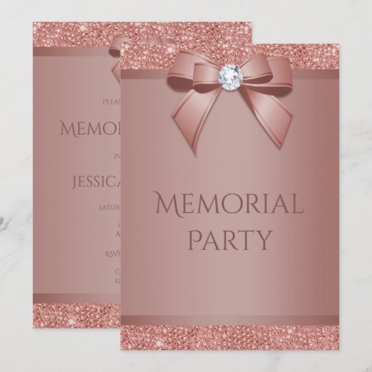 Glitzy Rose Gold Bow & Gem Memorial Party Einladung (Vorne/Hinten)