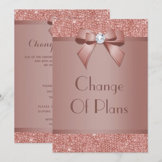 Glitzy Rose Gold Bow & Gem Wechsel Pläne Einladung (Vorne/Hinten)