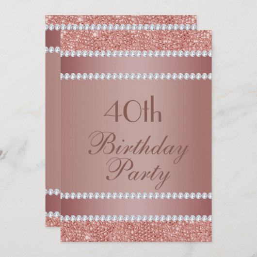 Glitzy Rose Gold & Diamond Gem Birthday Party Einladung (Vorne/Hinten)