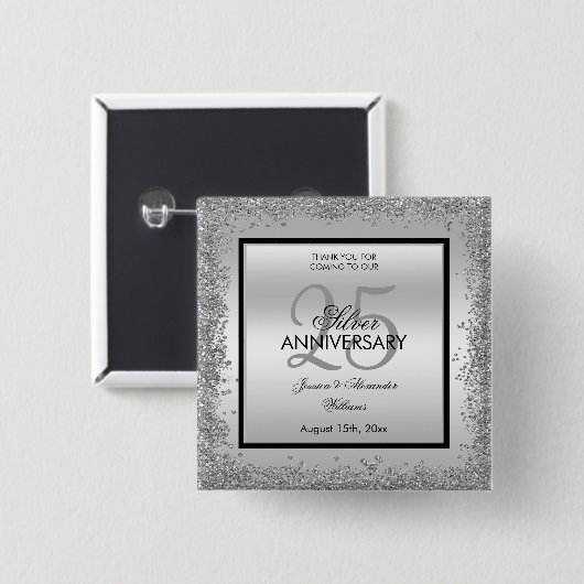 Glitzy Silver & Black 25. Hochzeitstag Button (Vorne & Hinten)