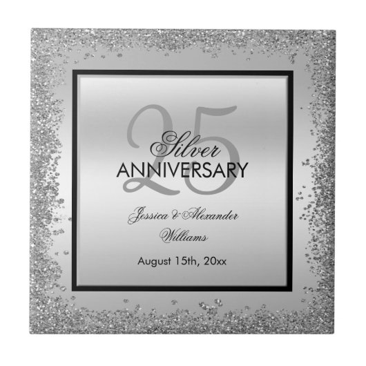 Glitzy Silver & Black 25. Hochzeitstag Fliese (Vorderseite)