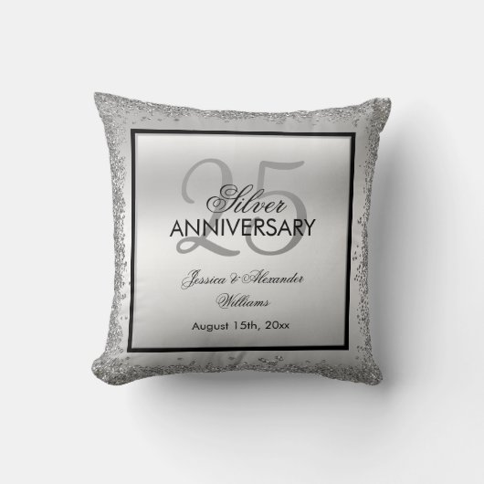 Glitzy Silver & Black 25. Hochzeitstag Kissen (Vorderseite)